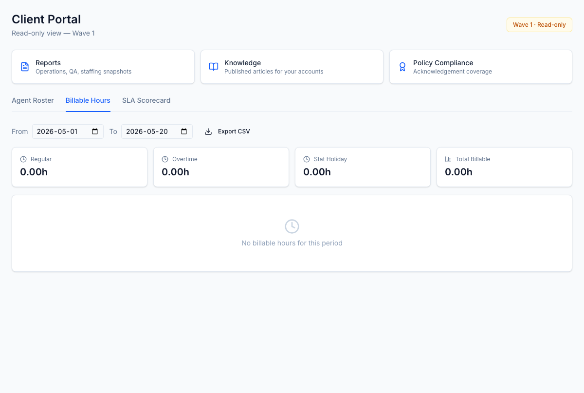 Billable hours — regular, overtime, and stat-holiday rollup with CSV export