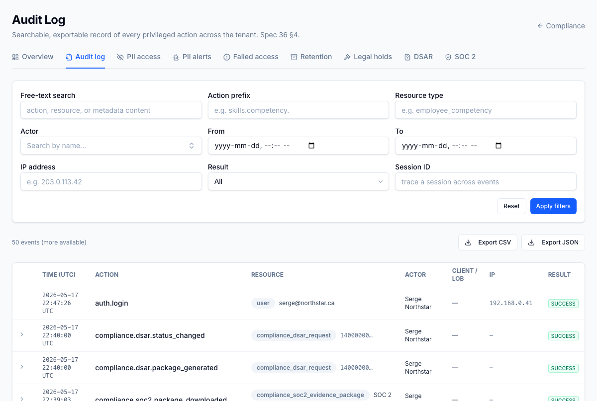 Unified audit log — every event from every module, searchable and exportable