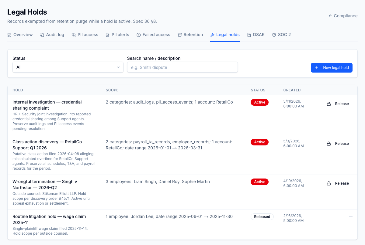Legal hold management — holds that retention runs skip