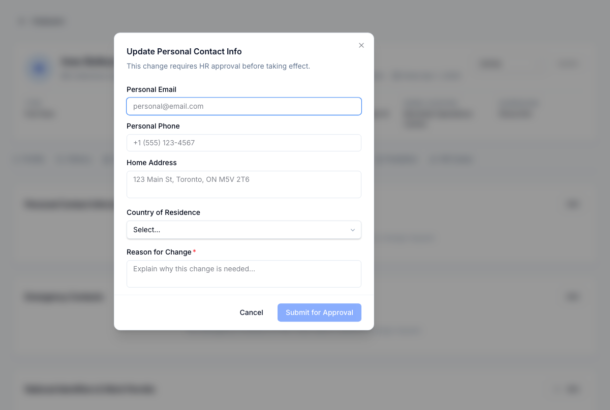 Structured PII change-request form — HR approves before the value lands