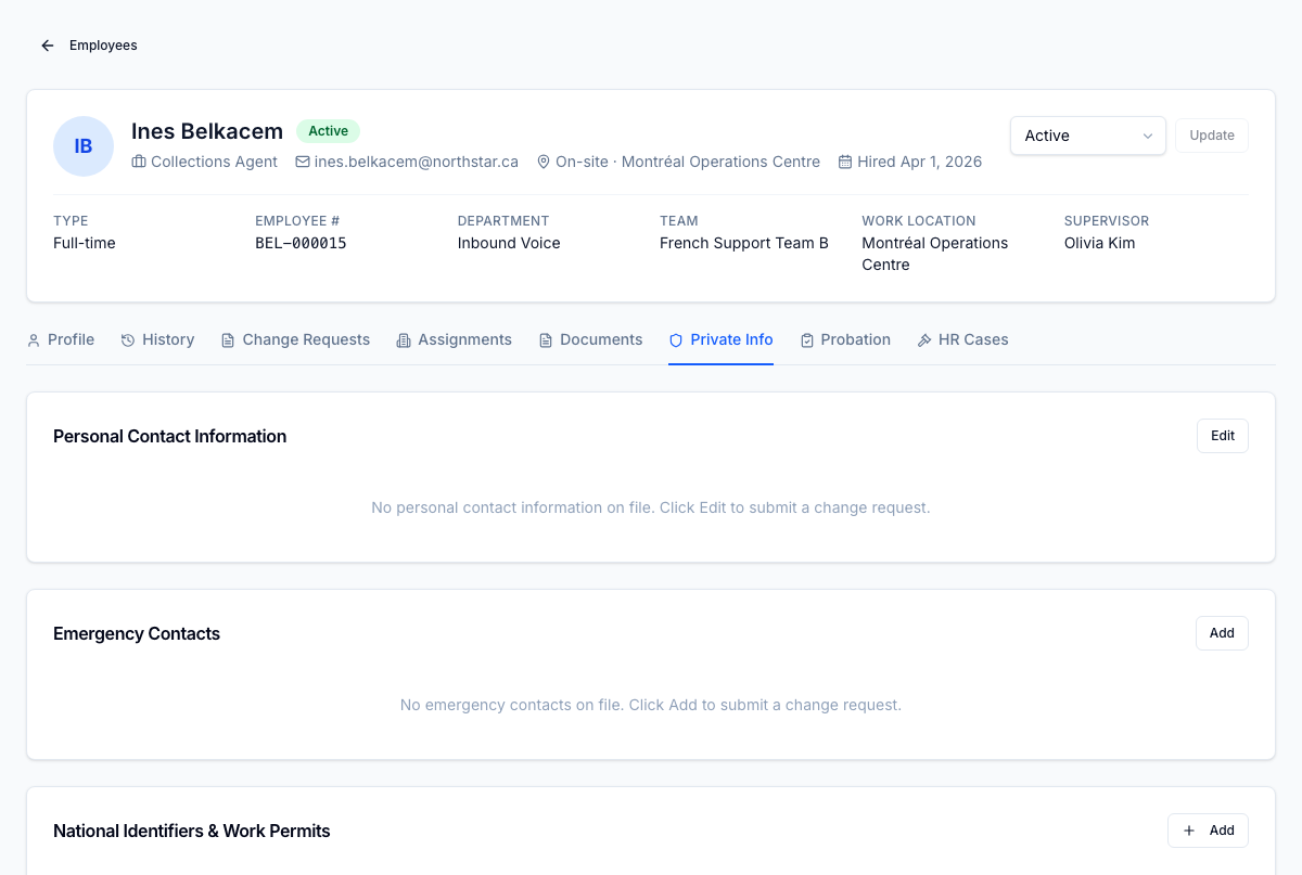 Private Info tab — personal contact, emergency contacts, and national identifiers
