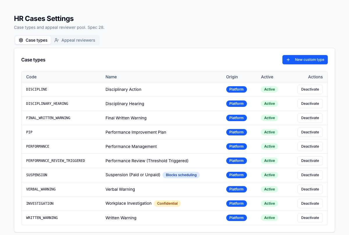 Tenant-configurable case-type catalog