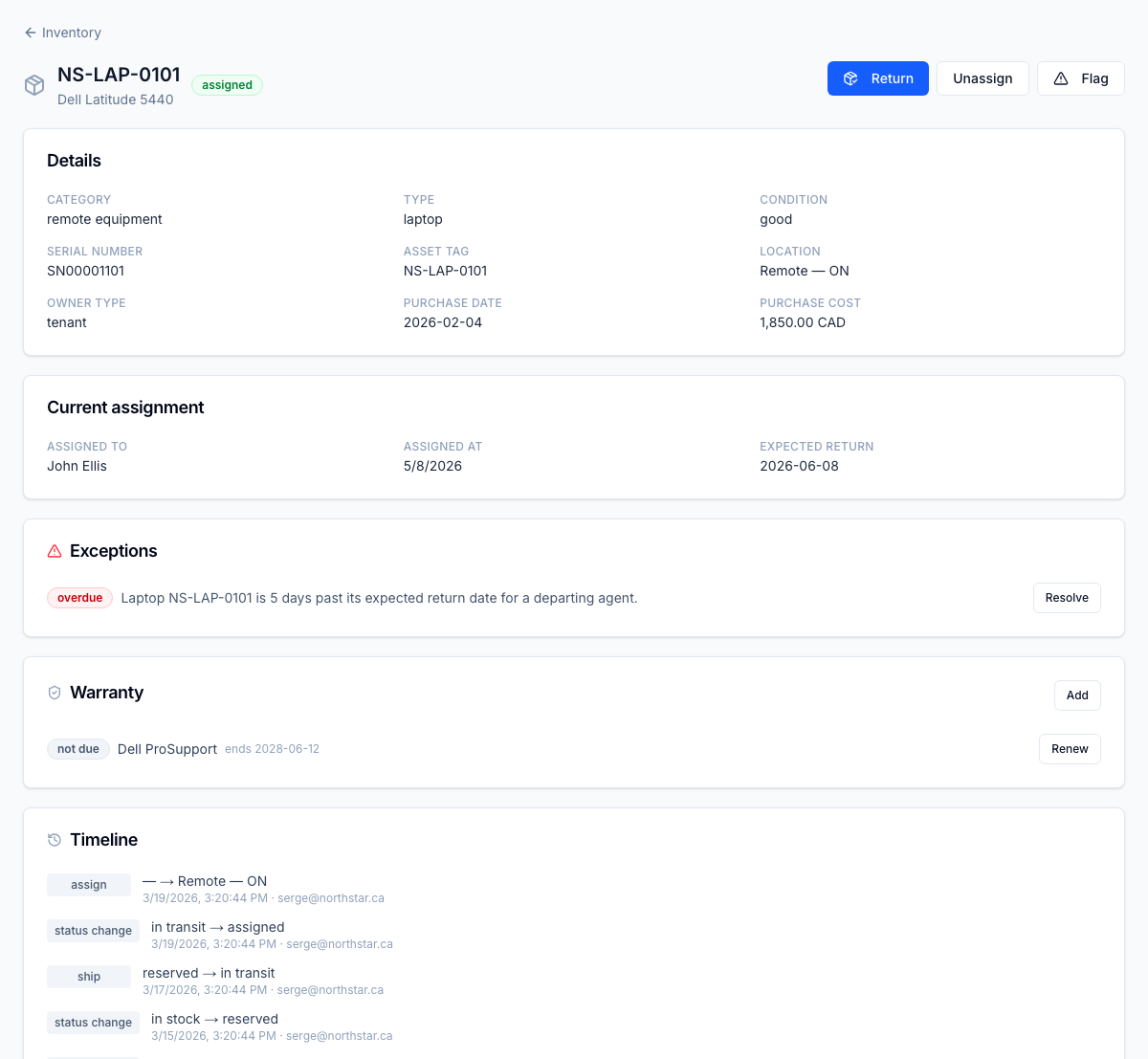 Asset detail — assignment, exceptions, warranty, and the append-only movement timeline