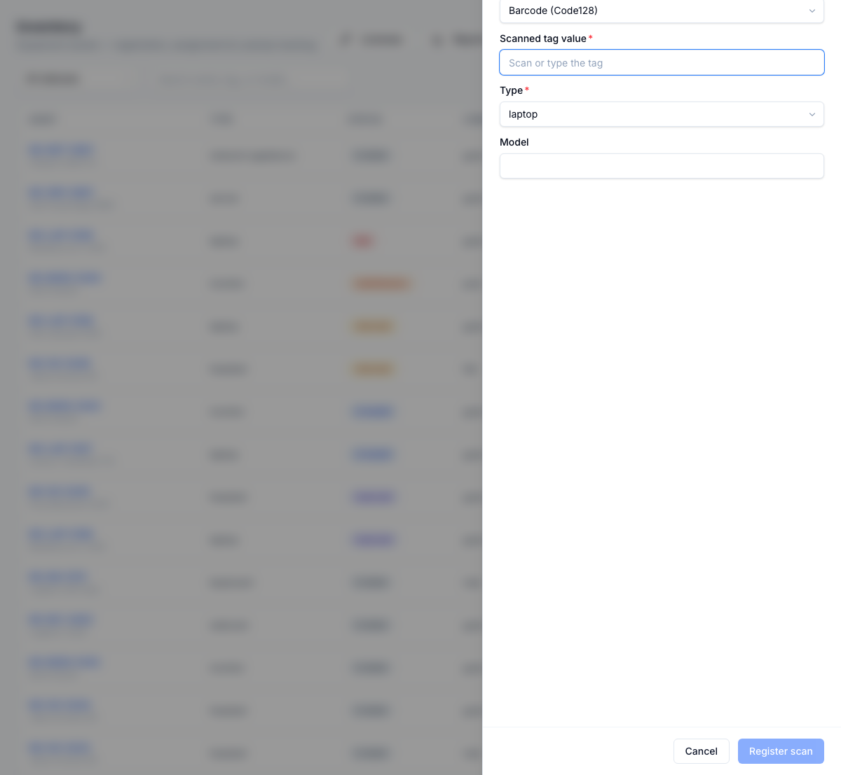 Scan intake — register a device from a barcode, QR, or RFID tag