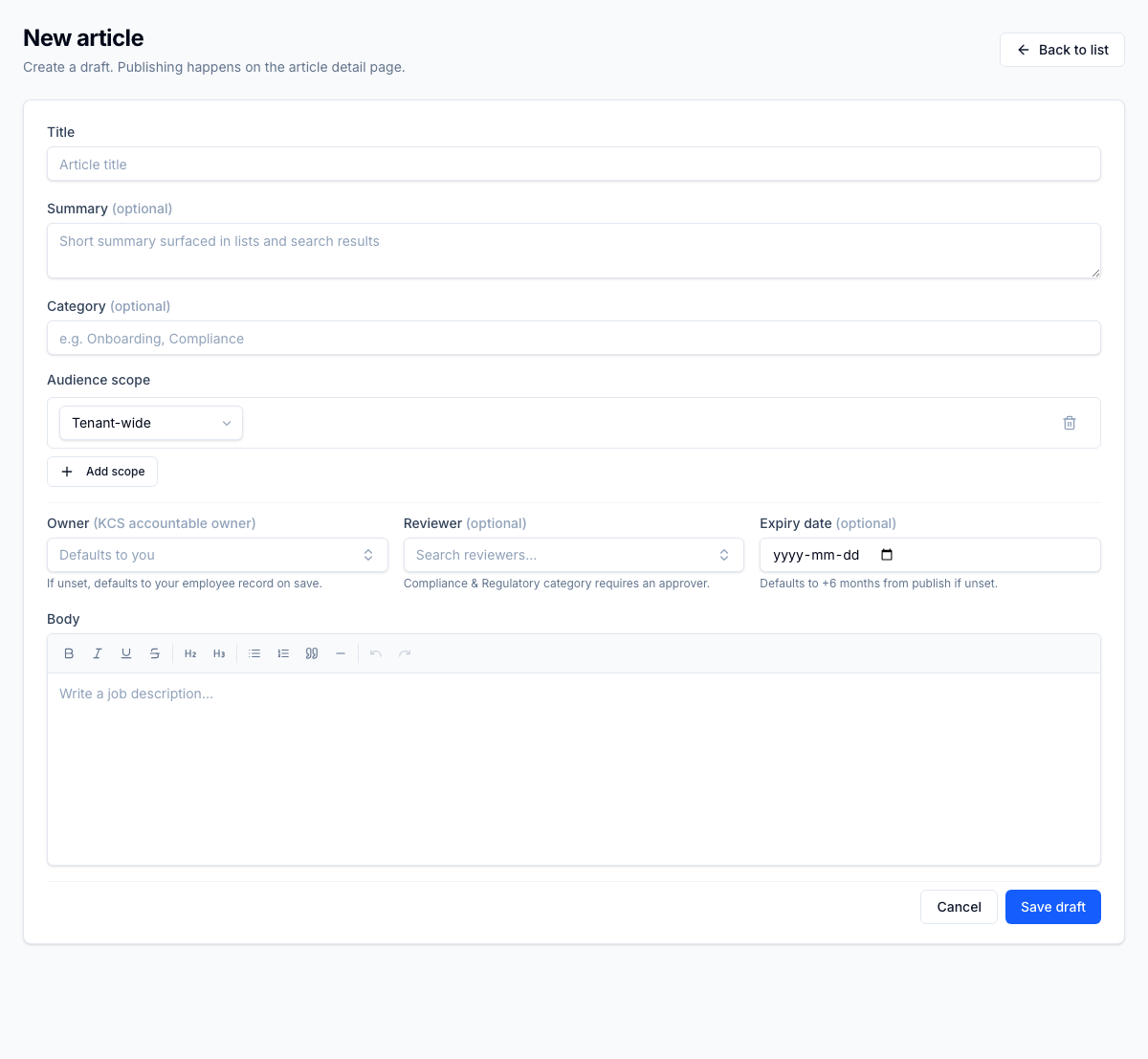 The category field on the article editor