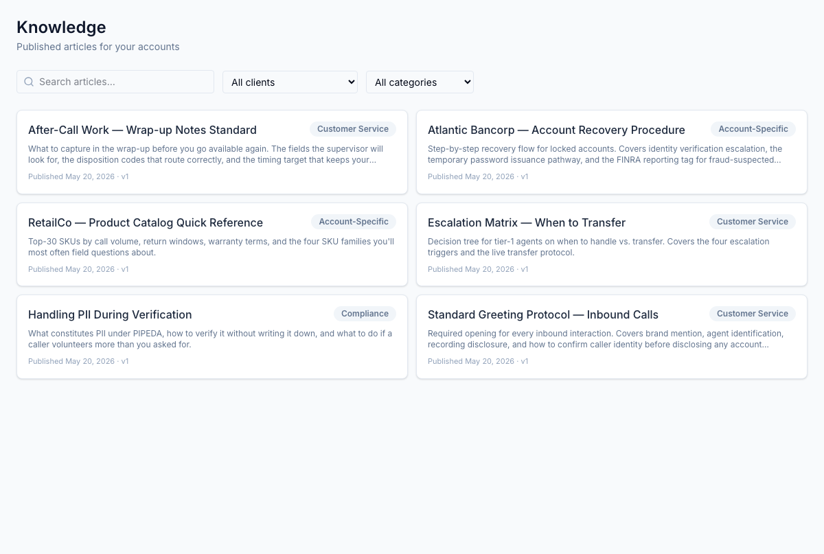The client-portal knowledge surface, scoped to the client's account