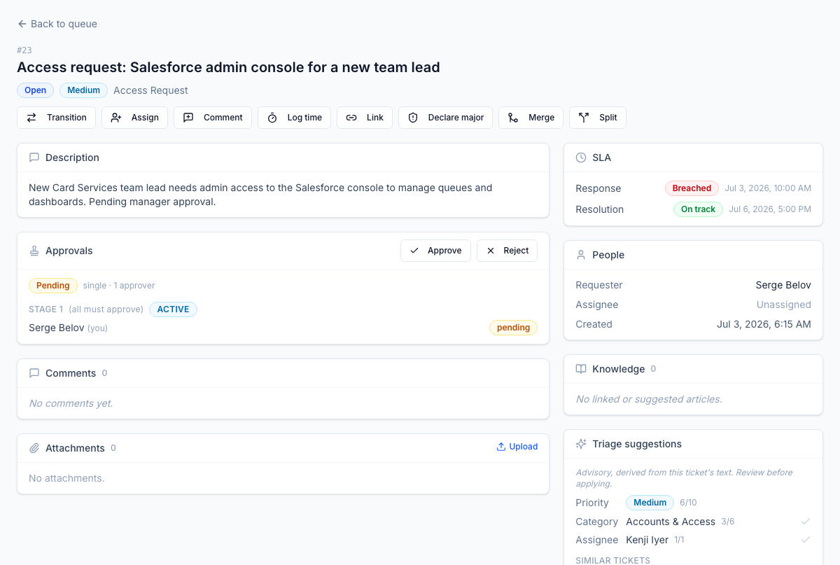 Ticket detail: conversation, SLA, approvals, and requester context on one page