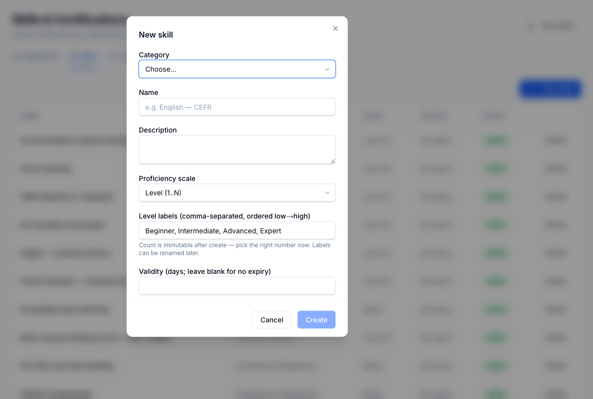 New skill dialog — category, scale, and level labels