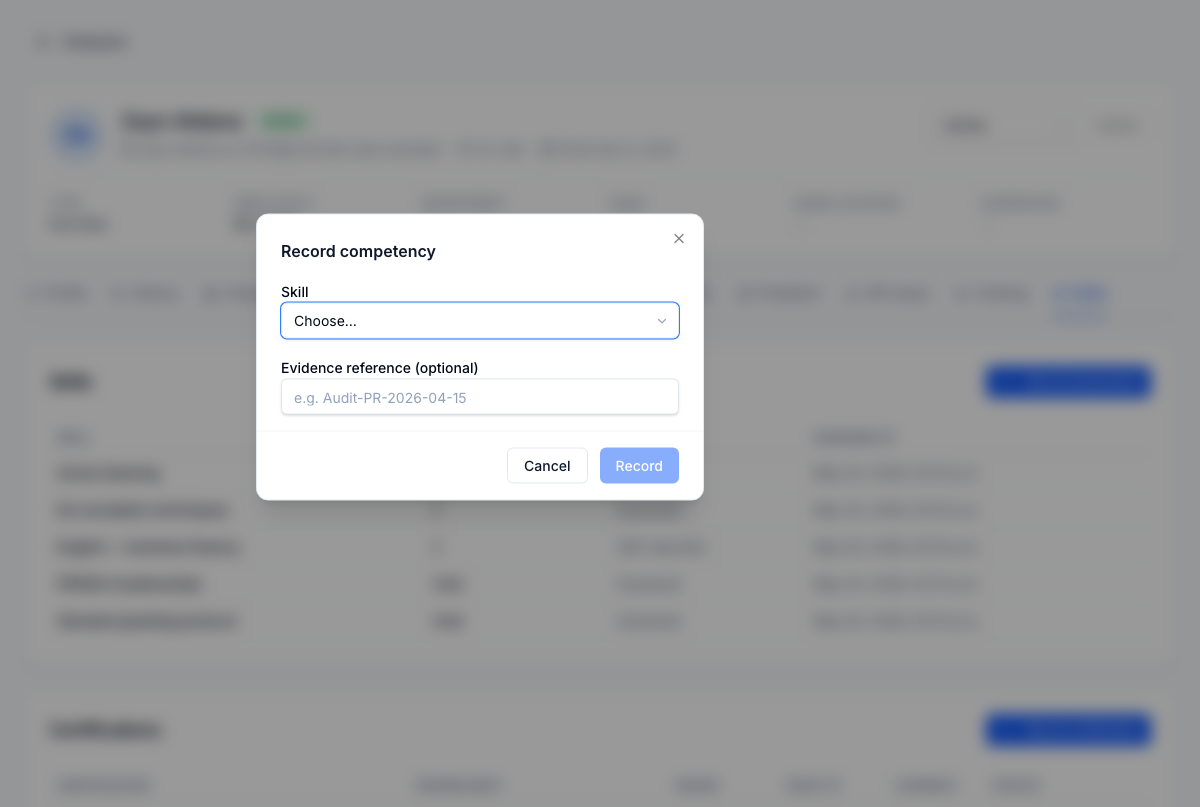 Record competency dialog — validated against the skill's scale