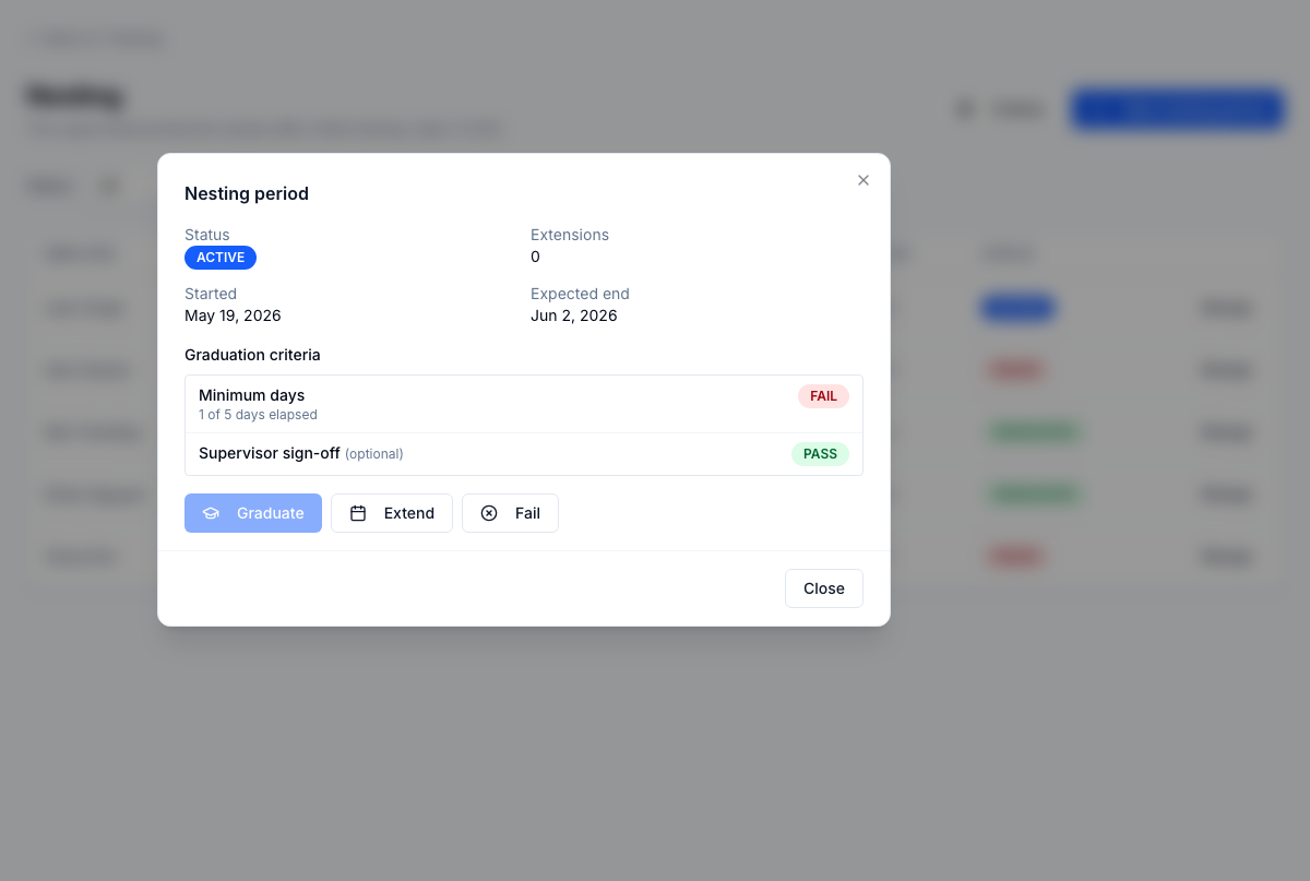 Nesting detail — criteria checklist and state-transition history