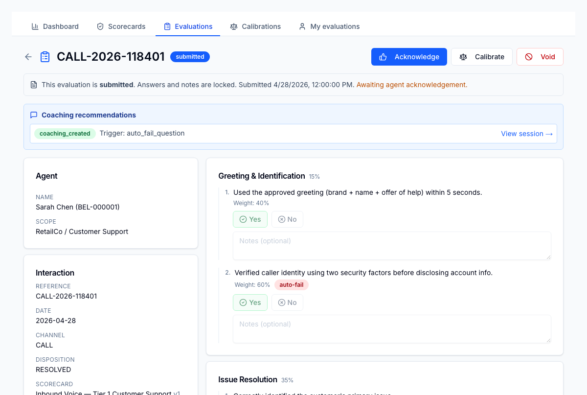 A QA evaluation's coaching recommendation panel