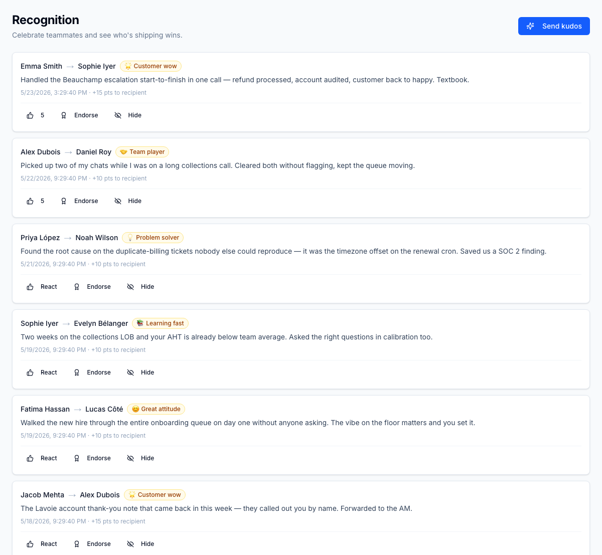 The recognition feed — kudos with sender, recipient, category, and reactions
